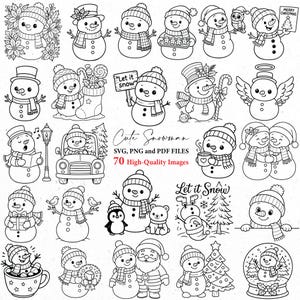 May include: A collection of 70 black and white illustrations of cute snowmen in various poses and settings. Some snowmen hold signs that say "Let it Snow" and "Merry Christmas". The text "Cute Snowman" and "70 High-Quality Images" is also present.