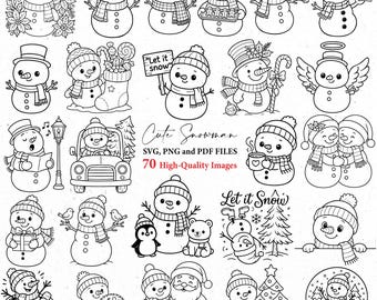 May include: A set of 70 black and white illustrations of snowmen in different scenes. Some snowmen hold signs with the text "Let it Snow" and "Merry Christmas". The image also includes the text "Cute Snowman" and "70 High-Quality Images".