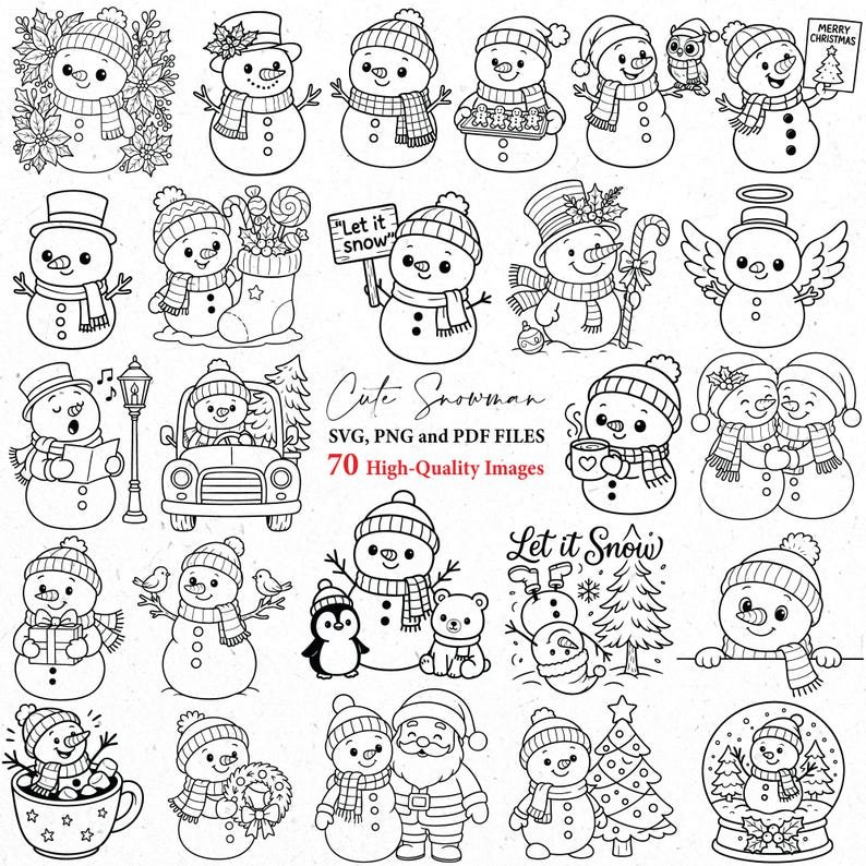 May include: A collection of 70 black and white illustrations of cute snowmen in various poses and settings. Some snowmen hold signs that say "Let it Snow" and "Merry Christmas". The text "Cute Snowman" and "70 High-Quality Images" is also present.