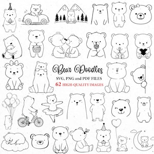 May include: A selection of black and white bear illustrations. The bears are depicted in different activities, such as holding balloons or riding a bicycle. Text includes "Bear Doodles" and "62 High-Quality Images".