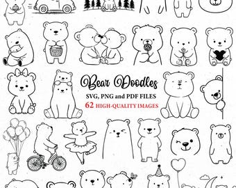 Lindo oso doodle svg, oso dibujado a mano svg, oso kawaii png, lindo oso png clipart, contorno de oso, doodle dibujado a mano, archivos svg, svg cricut