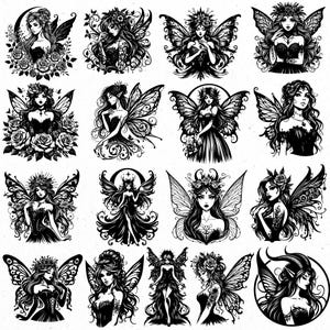 May include: A collection of black and white illustrations of fairies with detailed wings, floral crowns, and flowing dresses. Each fairy has a unique design, with varying poses and accessories, creating a whimsical and enchanting theme.