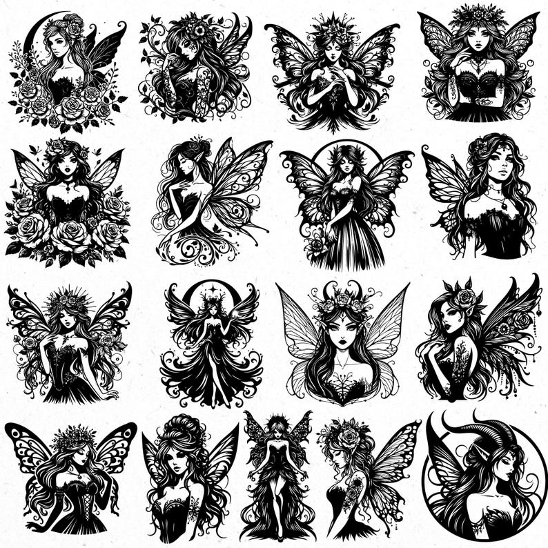 May include: A collection of black and white illustrations of fairies with detailed wings, floral crowns, and flowing dresses. Each fairy has a unique design, with varying poses and accessories, creating a whimsical and enchanting theme.