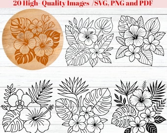 Fleurs tropicales SVG, svg de feuilles tropicales, svg tropical, svg de feuilles de palmier, hibiscus svg, feuilles de monstera SVG, bundles svg, fichier svg découpé au laser