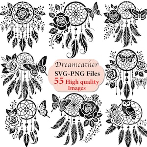 Acchiappasogni svg, acchiappasogni boho svg, piuma svg, fiori di rosa svg, bundle SVG silhouette acchiappasogni, svg cricut, file carino laser svg