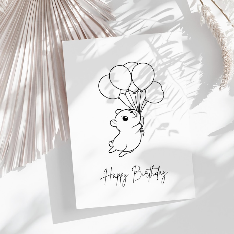 Puede incluir: Una ilustraci&oacute;n en blanco y negro de un h&aacute;mster sujetando un mont&oacute;n de globos. El texto "Happy Birthday" est&aacute; escrito debajo del h&aacute;mster.