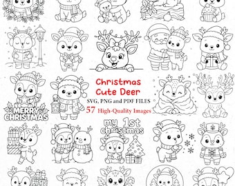 May include: A collection of black and white illustrations featuring adorable deer in festive Christmas scenes. The images include deer with gifts, wearing hats, and near Christmas trees. Text reads "Christmas Cute Deer".