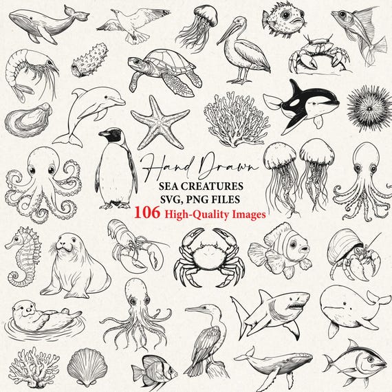Sea animals svg, sea creatures svg, summer coastal svg, svg files, svg cricut, ocean cut files, hand drawn doodle, marine life, ocean life