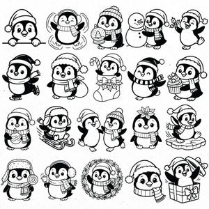 K&ouml;nnte beinhalten: Schwarz-Wei&szlig;-Illustration mit vielen Cartoon-Pinguinen in Winterszenen. Die Pinguine tragen M&uuml;tzen, Schals und Ohrensch&uuml;tzer, einige halten Geschenke und Schneeb&auml;lle. Das Thema ist fr&ouml;hlich und festlich.
