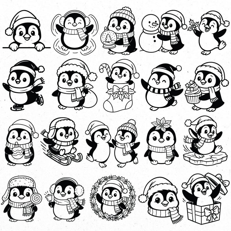 K&ouml;nnte beinhalten: Schwarz-Wei&szlig;-Illustration mit vielen Cartoon-Pinguinen in Winterszenen. Die Pinguine tragen M&uuml;tzen, Schals und Ohrensch&uuml;tzer, einige halten Geschenke und Schneeb&auml;lle. Das Thema ist fr&ouml;hlich und festlich.