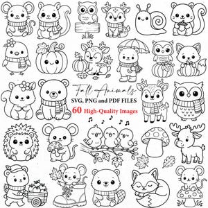 May include: Black and white illustrations of various fall-themed animals, including owls, deer, squirrels, and bears. The text "Fall Animals" and "60 High-Quality Images" are also present. These images are available in SVG, PNG, and PDF formats.