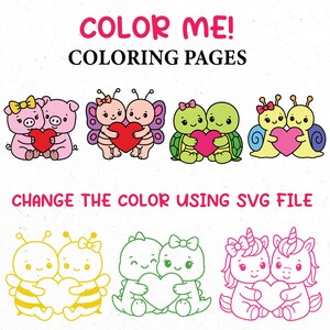 Puede incluir: Ilustraci&oacute;n digital con pares de animales lindos sosteniendo corazones. La imagen incluye el texto "COLOR ME! COLORING PAGES" y "CHANGE THE COLOR USING SVG FILE". Los animales incluyen cerdos, mariposas, tortugas, caracoles, abejas, dinosaurios y unicornios.