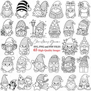 Könnte beinhalten: Schwarz-Weiß-Illustrationen von Weihnachtszwergen in verschiedenen Posen. Einige Zwerge halten Geschenke, eine Laterne oder ein Schild mit der Aufschrift "Merry Christmas". Das Bild enthält den Text "Christmas Gnome" und "65 High-Quality Images."