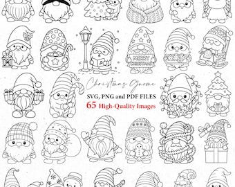 May include: A collection of black and white illustrations of Christmas gnomes. The gnomes are depicted in various festive scenes, some holding gifts or signs. The image includes the text "Christmas Gnome" and "65 High-Quality Images."