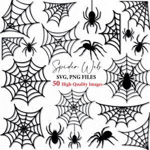 Könnte beinhalten: Eine Sammlung schwarzer Spinnennetz- und Spinnengrafiken. Das Bild enthält verschiedene Webdesigns, Spinnen und den Text "Spider Web SVG, PNG FILES 50 High-Quality Images". Diese Grafiken eignen sich für Halloween- oder gruselige Projekte.
