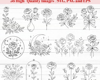 Kwiat róży SVG, kontur róży SVG, grafika liniowa SVG, ciągła grafika liniowa, kwiaty wiosenne png, pakiet SVG, pliki SVG, kwiat Cricut, kwiatowy SVG