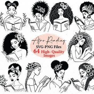 Elegante vrouw, afromeisje, leesboek, doorlopende lineart, SVG-bundel, svg-cricut, handgetekende stijl, vrouw png, lineart-tatoeage, zwarte vrouw
