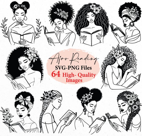 Elegant woman, book svg, afro girl, reading book, continuous lineart, SVG bundle, svg cricut, handrawn style, woman PNG