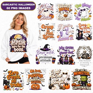 May include: A collection of 60 digital Halloween-themed graphic designs featuring ghosts, skeletons, witches, and pumpkins with humorous text like 'I'm just here for the boos' and 'Basic witch', displayed on a white background for print projects.
