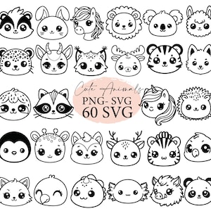 Schattige dieren, dieren hoofd svg, kawaii dieren, bosdieren, dieren clipart, baby dieren svg, dieren png, svg-bestanden, svg-bundel