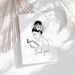 May include: Black and white line art illustration of a person with a flower crown reading a book. The text "Thank you!" is below the image.