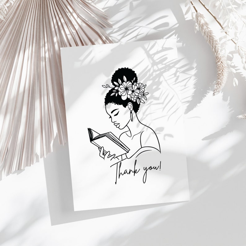 May include: Black and white line art illustration of a person with a flower crown reading a book. The text "Thank you!" is below the image.