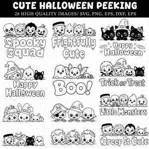 Könnte beinhalten: Schwarz-Weiß-Digitalbilder zum Thema Halloween. Die Illustrationen zeigen Cartoon-Charaktere wie Skelette, Vampire, Geister und Katzen. Der Text enthält "Spooky Squad", "Frightfully Cute", "Happy Halloween", "Boo!", "Trick or Treat", "Little Monsters" und "Creep It Cute".