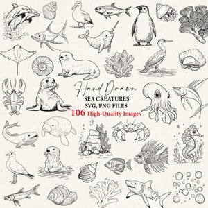 K&ouml;nnte beinhalten: Schwarz-Wei&szlig;-Illustration von handgezeichneten Meereskreaturen, darunter Delfine, Fische und Robben. Der Text lautet: "Hand Drawn Sea Creatures SVG, PNG Files 106 High-Quality Images."