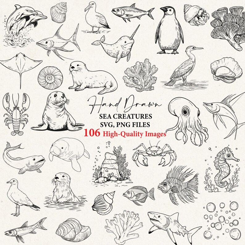 K&ouml;nnte beinhalten: Schwarz-Wei&szlig;-Illustration von handgezeichneten Meereskreaturen, darunter Delfine, Fische und Robben. Der Text lautet: "Hand Drawn Sea Creatures SVG, PNG Files 106 High-Quality Images."
