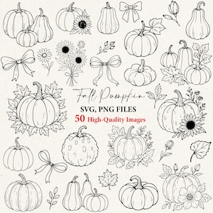 Peut inclure: Illustrations en noir et blanc de citrouilles, de tournesols, de nœuds et de feuilles. Le texte "Fall Pumpkin" et "50 High-Quality Images" sont également inclus. Fichiers SVG et PNG.