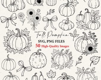 Höstsvg, höstpung png-paket, höstpumpa svg, handritad klotter, höstclipart, pumpakontur, pumpa png, kokett rosett png, svg cricut