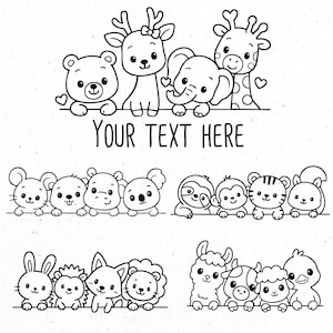 May include: Black and white cartoon illustrations of various animals, including a bear, deer, elephant, giraffe, mouse, sloth, monkey, tiger, squirrel, rabbit, hedgehog, fox, lion, llama, cow, sheep, and duck. The text "YOUR TEXT HERE" is displayed.