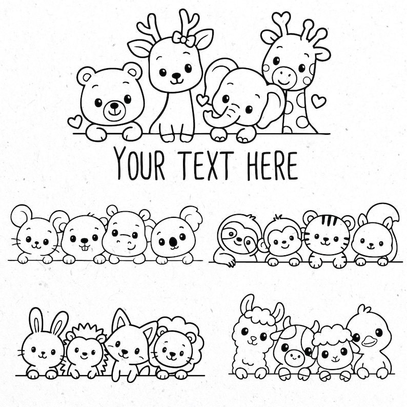 May include: Black and white cartoon illustrations of various animals, including a bear, deer, elephant, giraffe, mouse, sloth, monkey, tiger, squirrel, rabbit, hedgehog, fox, lion, llama, cow, sheep, and duck. The text "YOUR TEXT HERE" is displayed.