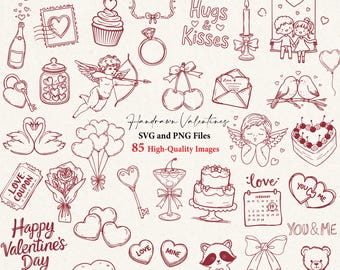 Puede incluir: Una colección de ilustraciones rojas dibujadas a mano con temática de San Valentín, que incluyen corazones, querubines, dulces y texto que dice "XOXO", "Hugs & Kisses", "Happy Valentine's Day" y "Love". La imagen también incluye el texto "SVG and PNG Files 85 High-Quality Images".
