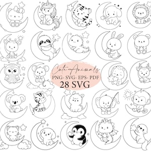 Tiere, süße Tiere, Tiere svg, Tiere auf dem Mond sitzend, Safari SVG, Cricut svg, svg bündel, kawaii Tiere Clipart, süße Tiere png
