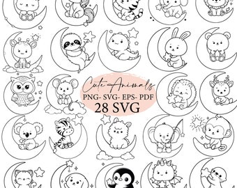 Animals, cute animals, animals svg,  animals sitting on moon, safari SVG, svg cricut, svg bundle, kawaii animals clipart, cute animals png