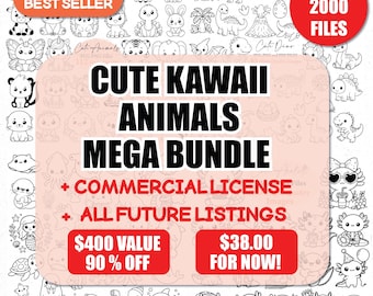 May include: A digital art bundle featuring numerous cute kawaii animal illustrations. The image includes the text "CUTE KAWAII ANIMALS MEGA BUNDLE" and "COMMERCIAL LICENSE". The bundle includes over 2000 files and is marked as a best seller.