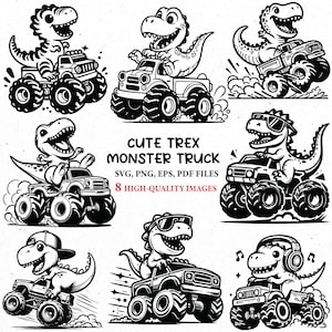 May include: Black and white illustrations of cartoon dinosaurs driving monster trucks. The image includes the text "CUTE TREX MONSTER TRUCK" and "8 HIGH-QUALITY IMAGES". The dinosaurs are depicted with various accessories, such as sunglasses and headphones.