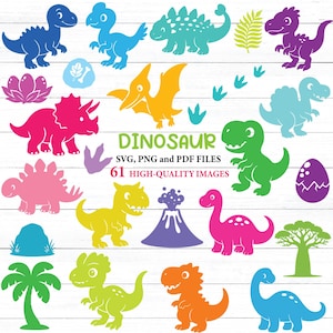 Puede incluir: Una colección de imágenes digitales coloridas con temática de dinosaurios. Las imágenes incluyen varios dinosaurios, huellas, plantas y un volcán. El texto dice "DINOSAUR" y "SVG, PNG and PDF FILES 61 HIGH-QUALITY IMAGES".
