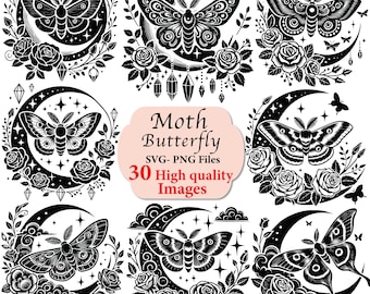 May include: A set of 30 high-quality images featuring black and white illustrations of moths and butterflies with floral accents. The images are perfect for crafting, scrapbooking, and digital design projects.