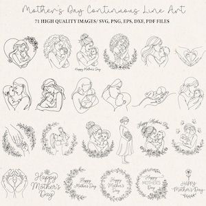 Op de afbeelding: Collectie van 71 zwart-wit Moederdag doorlopende lijnkunstafbeeldingen. De afbeeldingen tonen moeders met hun kinderen, bloemenkransen en de tekst "Happy Mother's Day". Beschikbaar in SVG-, PNG-, EPS-, DXF- en PDF-bestandsformaten.