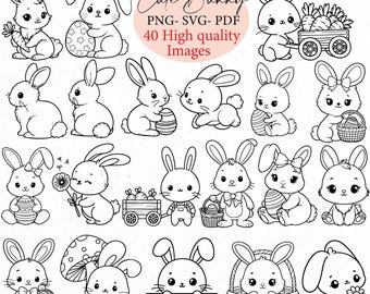 May include: A set of 40 black and white line drawings of cute bunnies in various poses. The bunnies are holding carrots, eggs, baskets, flowers, and other Easter-themed items. The text "Cute Bunny PNG-SVG-PDF 40 High quality Images" is at the top of the image.