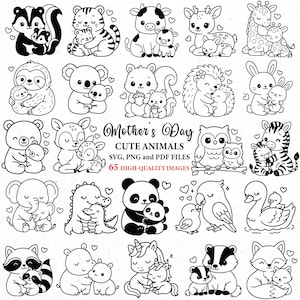 Puede incluir: Ilustraciones en blanco y negro de varios animales, incluyendo un zorrillo, un tigre, una vaca, un ciervo, una jirafa, un perezoso, un koala, una ardilla, un erizo, un conejo, un oso, un búho, una cebra, un elefante, un dinosaurio, un panda, un loro, un cisne, un mapache, un hipopótamo, un unicornio, un tejón y un zorro. El texto dice "Mother's Day, Cute Animals, SVG, PNG and PDF files, 65 High-Quality Images."