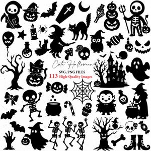 May include: A collection of black Halloween-themed clip art. Includes silhouettes of a witch on a broom, a haunted house, bats, pumpkins, skeletons, a spider web, and the text "Cute Halloween SVG, PNG FILES 113 High-Quality Images."