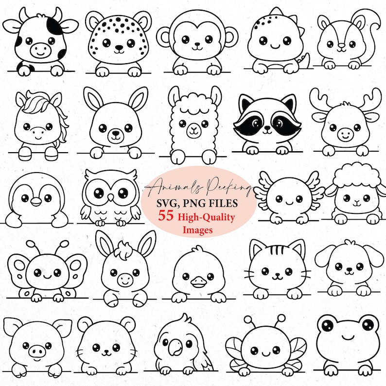 May include: Black and white line art illustrations of various animals peeking over a line. The image includes a cow, leopard, monkey, dinosaur, squirrel, horse, rabbit, llama, raccoon, moose, penguin, owl, and more. Text reads "Animals Peeking" and "SVG, PNG FILES 55 High-Quality Images."