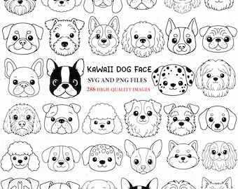 Peut inclure: Une série de visages de chiens en noir et blanc, dessinés à la main. Le texte "KAWAII DOG FACE SVG AND PNG FILES 286 HIGH-QUALITY IMAGES" est inclus. Ces illustrations sont parfaites pour des projets numériques.