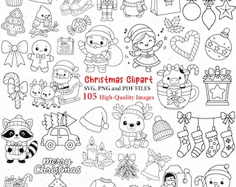 May include: A collection of black and white Christmas-themed clipart. The image includes Santa, reindeer, baubles, a snowman, and the text "Christmas Clipart". The image contains 105 high-quality images in SVG, PNG, and PDF formats.