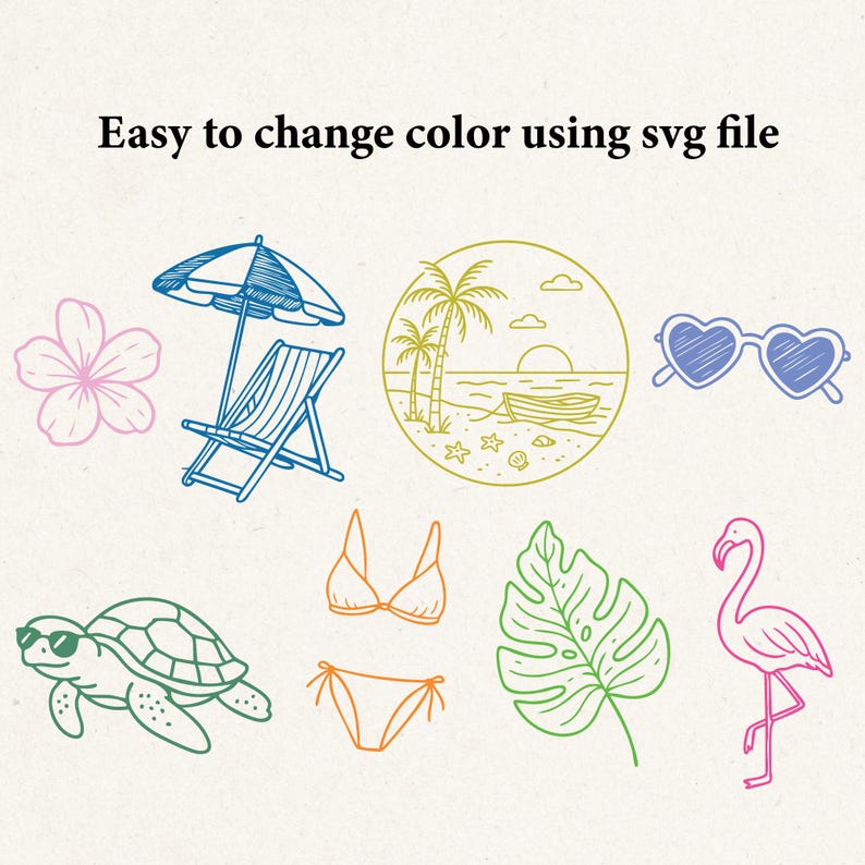 Pu&ograve; includere: Una collezione di illustrazioni colorate a tema spiaggia, tra cui una sedia a sdraio, occhiali da sole, una tartaruga, un fenicottero e un bikini. &Egrave; incluso anche il testo "Easy to change color using svg file".