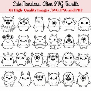 May include: A collection of black and white cartoon monster and alien illustrations. The image includes various cute monster designs with different features, such as horns, multiple eyes, and spiky bodies. Text at the top reads "Cute Monsters, Alien SVG Bundle".