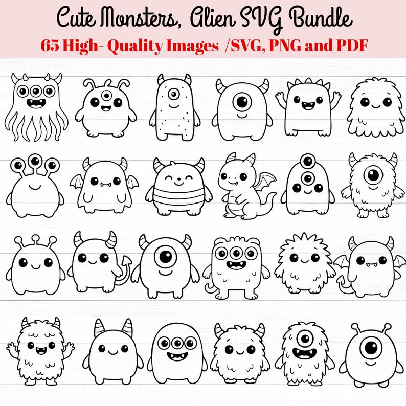 May include: A collection of black and white cartoon monster and alien illustrations. The image includes various cute monster designs with different features, such as horns, multiple eyes, and spiky bodies. Text at the top reads "Cute Monsters, Alien SVG Bundle".